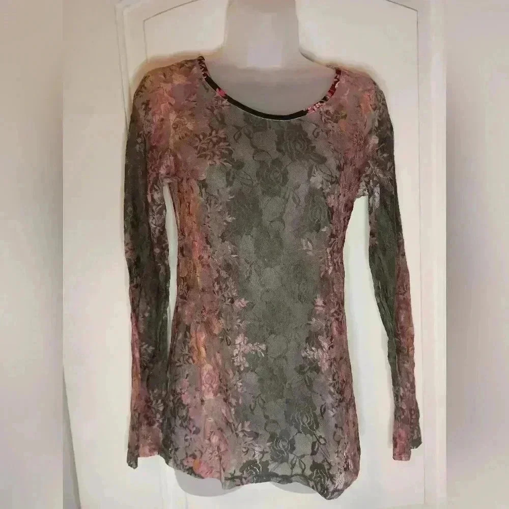 Whimsigoth Colorful Y2K boho ALMOST FAMOUS Burnout long sleeve floral sheer top